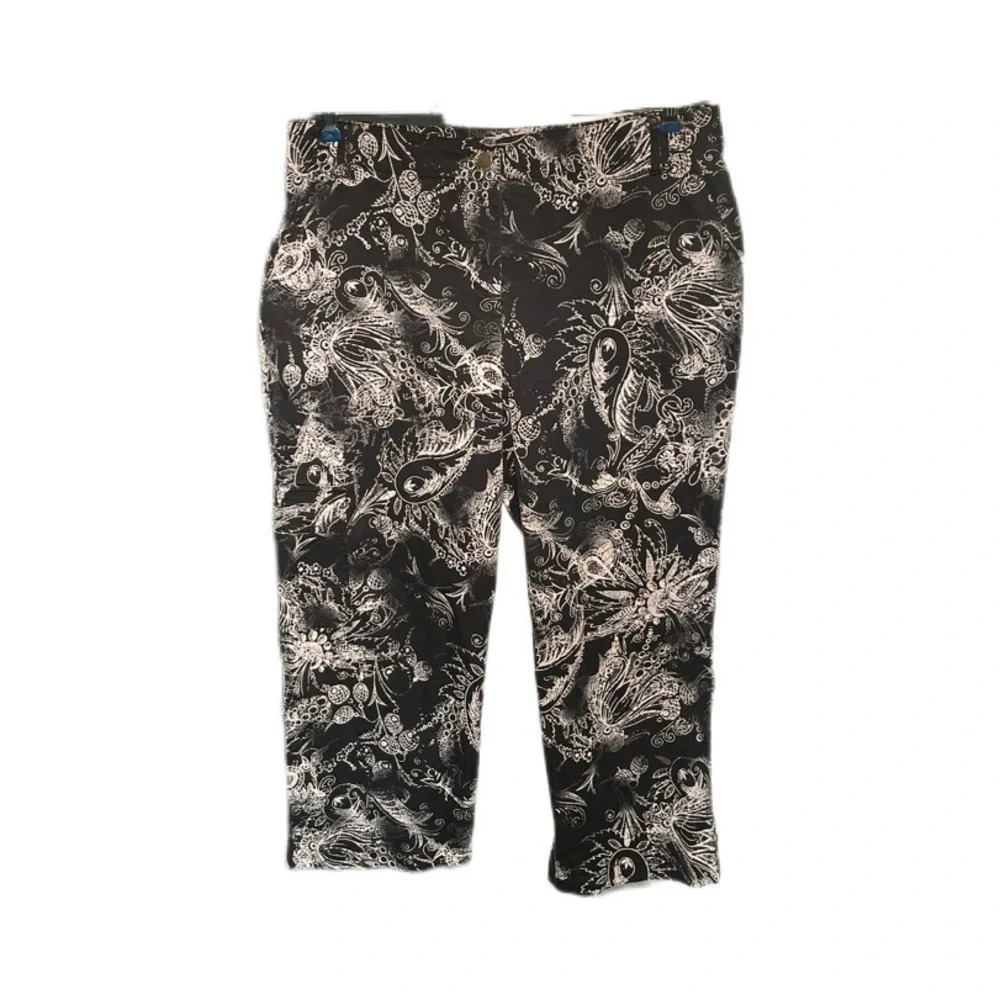 Chico’s Black White Paisley Print Cropped Trouser Pants With Pockets Women’s 12